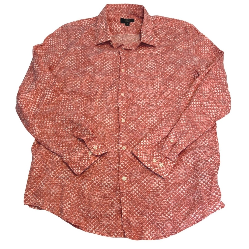 Club Room Button Down Shirt Mens XL Coral White Geometric Print 100% Linen Long